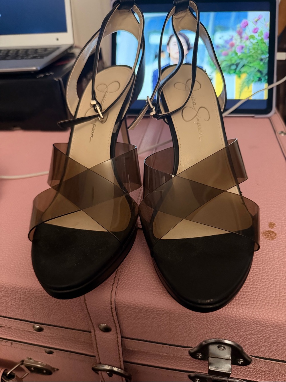 Jessica Simpson Black Sandals with Smoky Vinyl Straps
